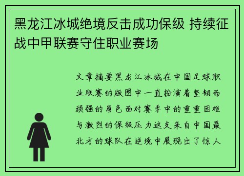 黑龙江冰城绝境反击成功保级 持续征战中甲联赛守住职业赛场